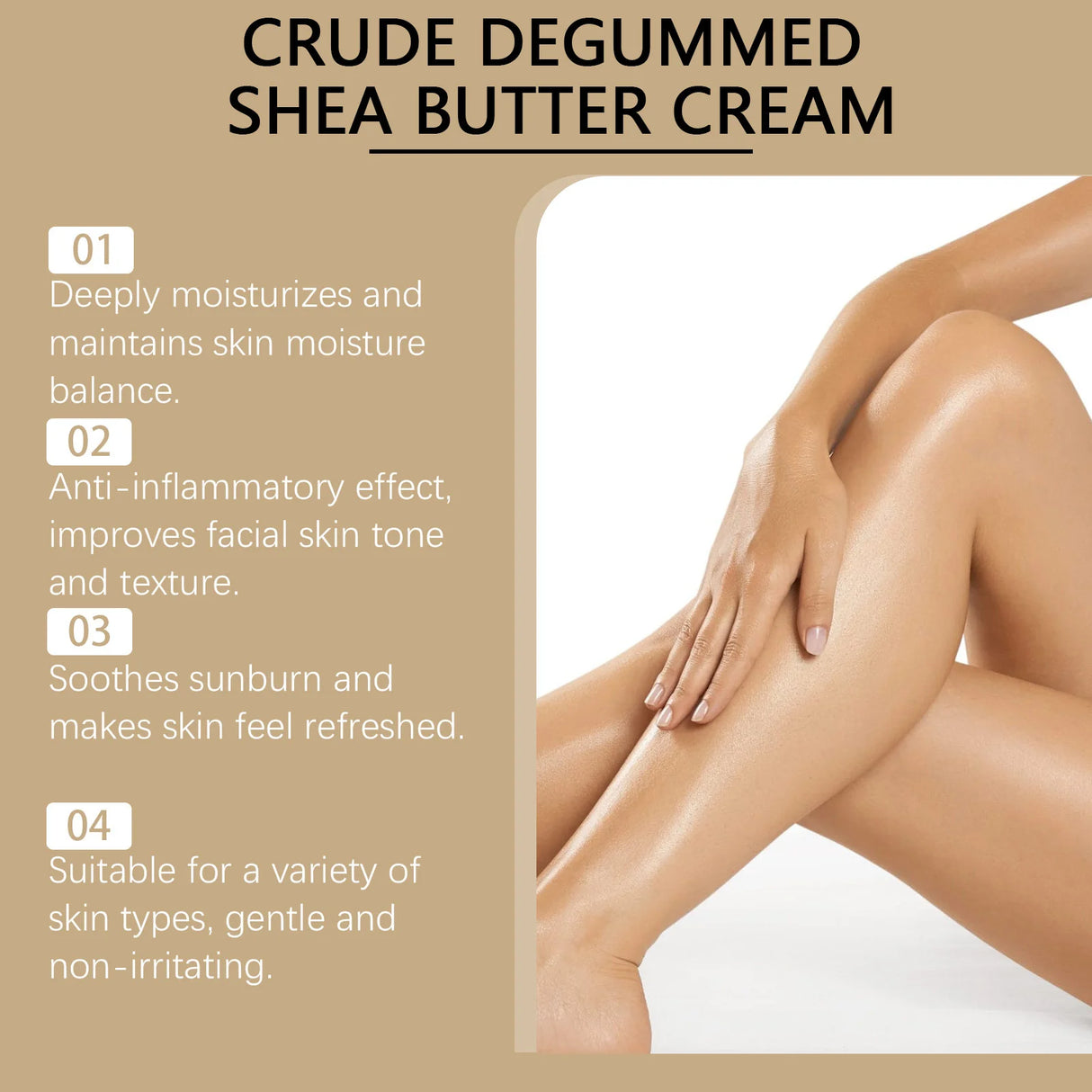 WOODSLEEP Shea Butter Deep Hydration Body Cream advertisement showing person applying cream to leg.