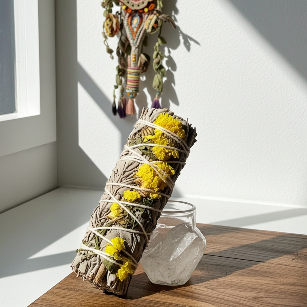 Yellow Sinuata Flowers with White Sage smudge stick bundle, detail view