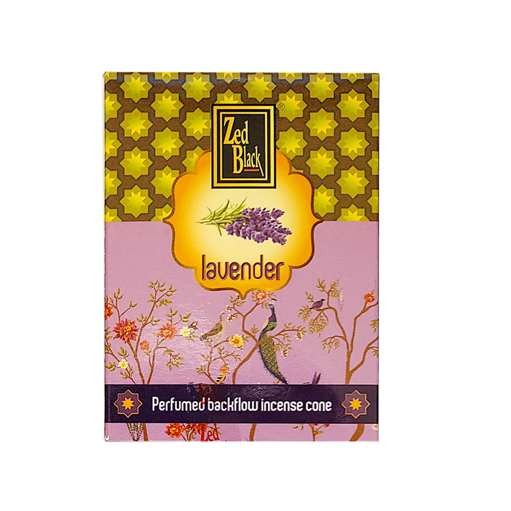 Zed Black Lavender Dhoop Backflow Cones with cascading smoke for relaxation.