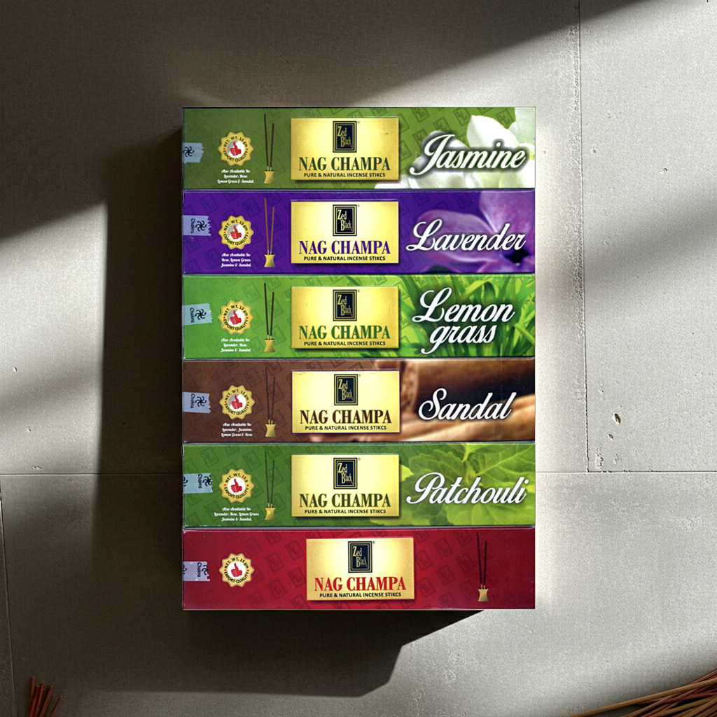 Zed Black Nag Champa fragrance incense collection pack for yoga sessions, peaceful atmosphere, and ritual use.