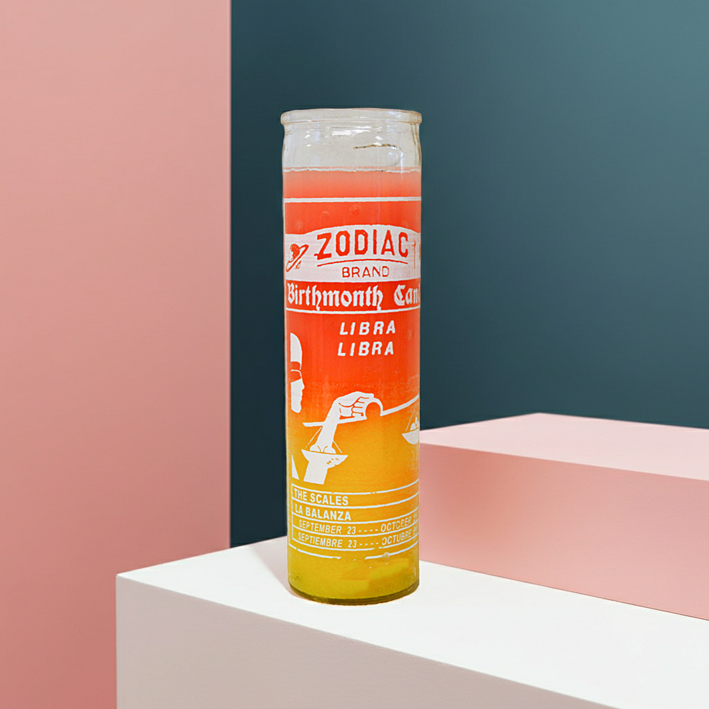 Zodiac Libra spiritual 7 day candle jar for astrology rituals, energy work, and peaceful home altar use.