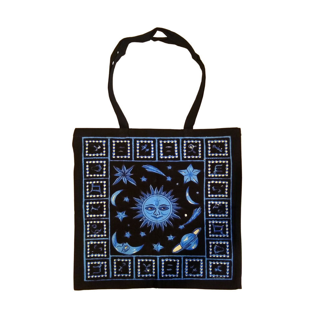 Zodiac Stars Tote Bag, 18x18 inch blue tie dye and black canvas tote, front view