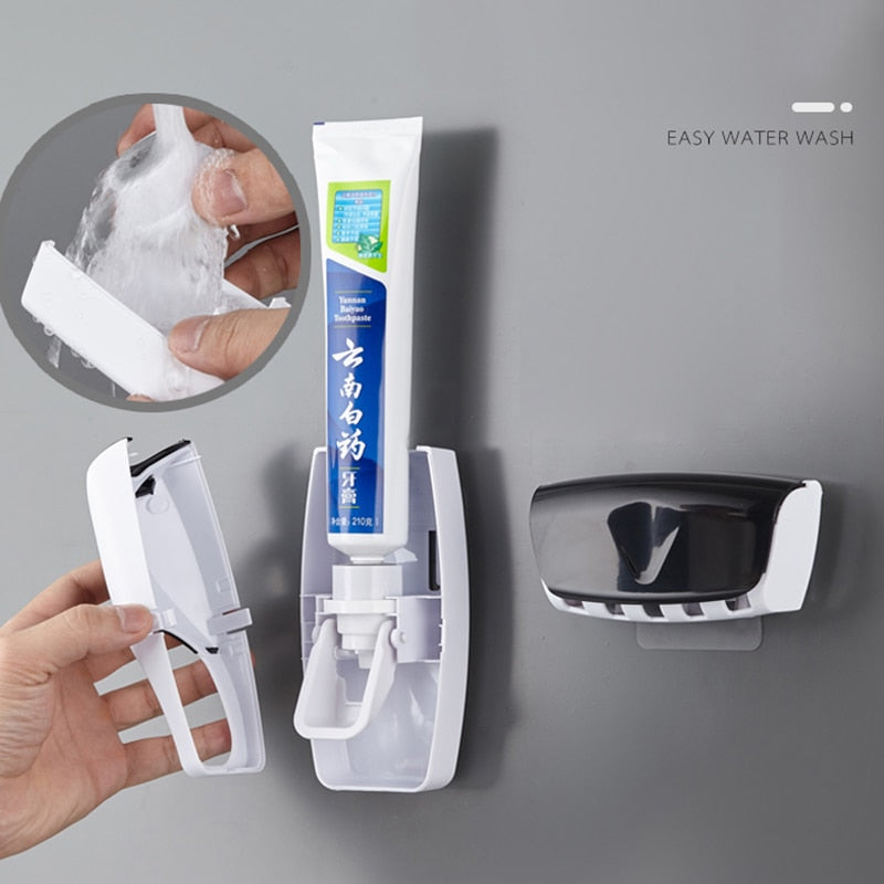 Automatic Toothpaste Dispenser Set with toothbrush holder for organized bathroom storage.