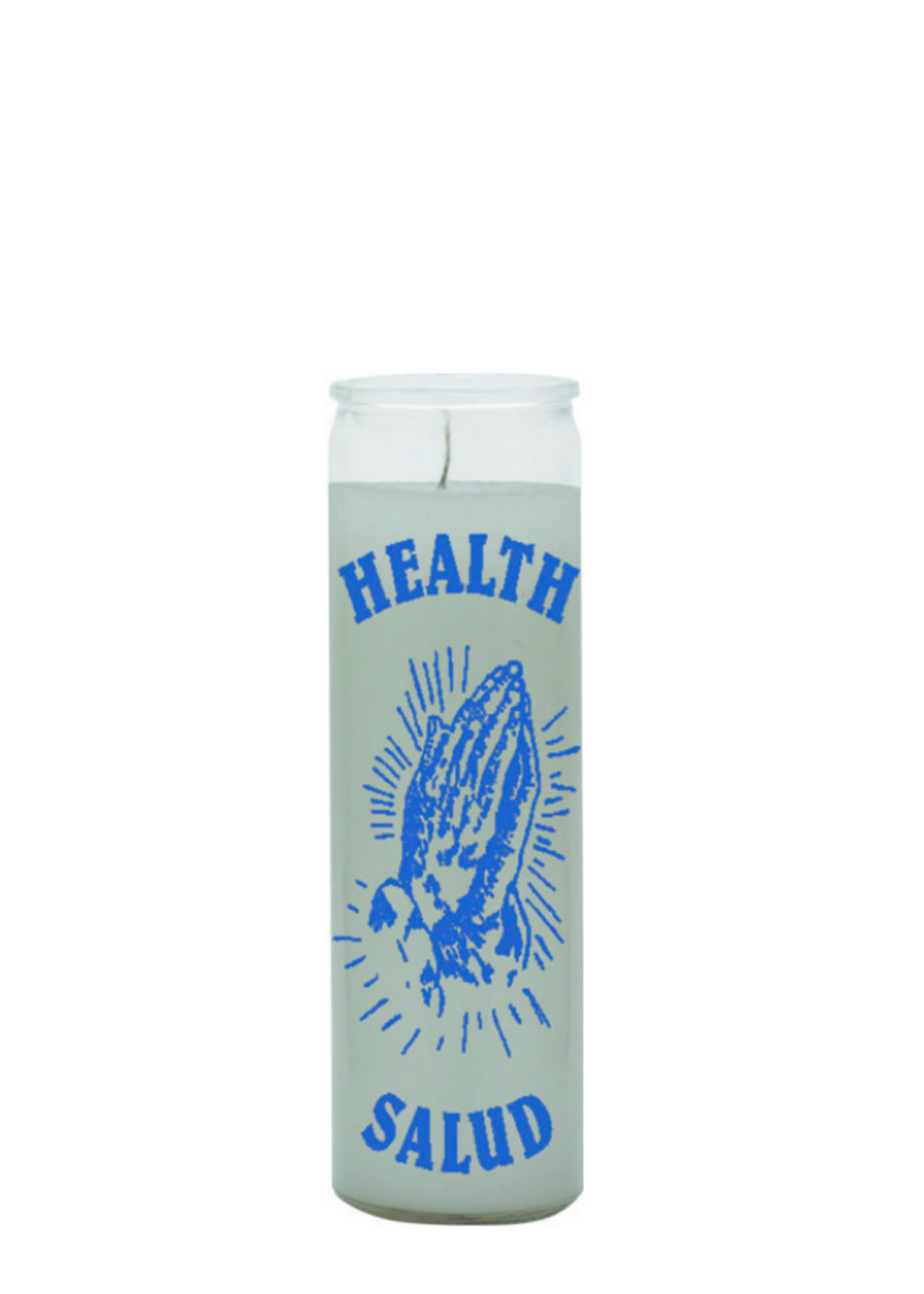 Health / Salud white 7 day candle in glass jar for healing prayer, wellness rituals, and spiritual use.
