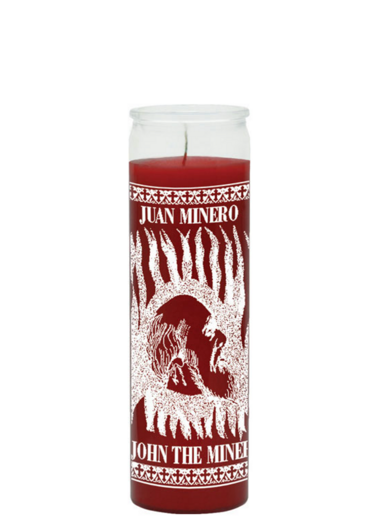 John the Miner red 1 color 7 day candle in glass jar for spiritual devotion, prayer, and ritual work.