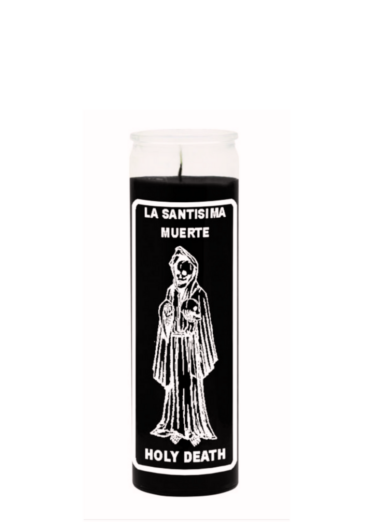 LA SANTISIMA MUERTE-HOLY DEATH Black 7 day candle in glass jar for prayer, protection, and spiritual ritual use.