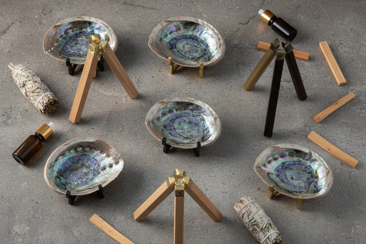 Abalone Shells and Tripod Holders collection banner featuring abalone shells and smudging tools, for smudging and ritual incense burning.