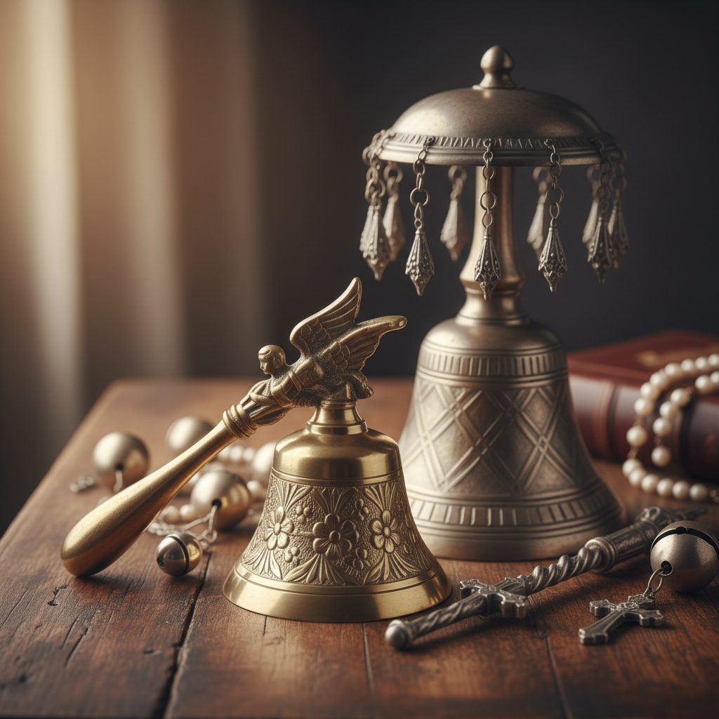 Altar Bells collection banner featuring an altar statue and ritual decor pieces, for altar setups and spiritual decor.