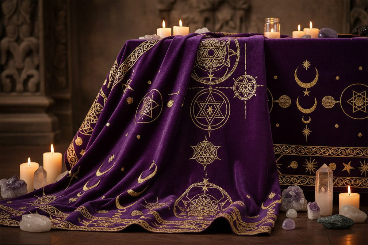 Altar Cloths collection banner featuring an altar statue and ritual decor pieces, for altar setups and spiritual decor.