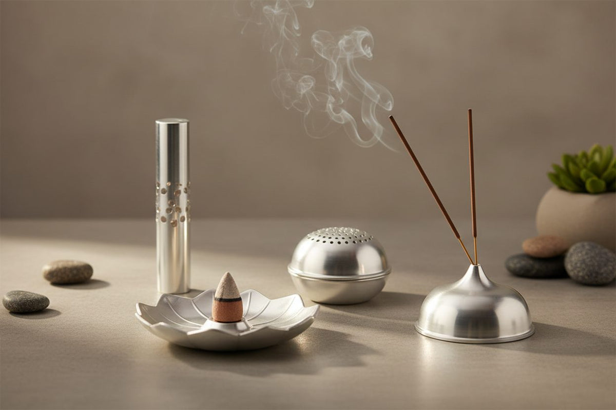 Aluminium Incense Burners collection banner featuring incense sticks and cones with natural botanicals, for aromatherapy, ritual, and everyday home fragrance.