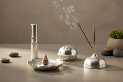Aluminium Incense Burners collection banner featuring incense sticks and cones with natural botanicals, for aromatherapy, ritual, and everyday home fragrance.