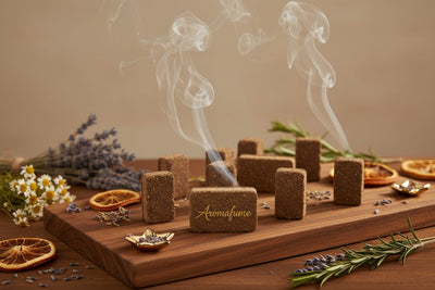 Aromafume Incense Bricks collection banner featuring incense sticks and cones with natural botanicals, for aromatherapy, ritual, and everyday home fragrance.