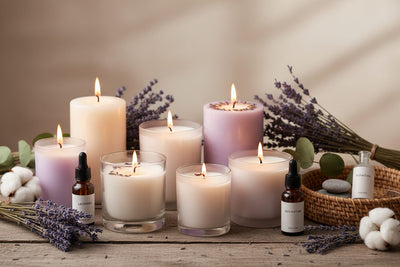 Candles collection banner featuring lit and unlit candles in a styled setting, for ambiance, ritual, and relaxation at home.