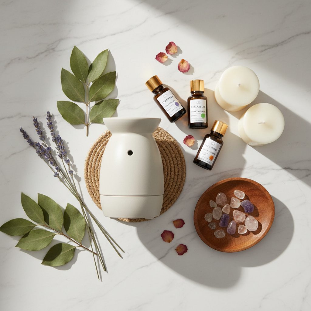 Aromatherapy Gift Set collection banner featuring an oil burner and diffuser setup with essential oils, for aromatherapy and home fragrance.