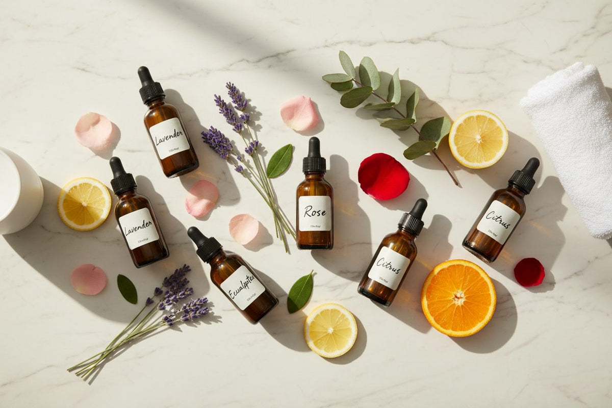 Aromatherapy Oils collection banner featuring an oil burner and diffuser setup with essential oils, for aromatherapy and home fragrance.