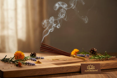 Auroshikha Incense Sticks collection banner featuring incense sticks and cones with natural botanicals, for aromatherapy, ritual, and everyday home fragrance.