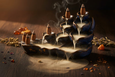 Backflow incense cones collection banner featuring incense sticks and cones with natural botanicals, for aromatherapy, ritual, and everyday home fragrance.