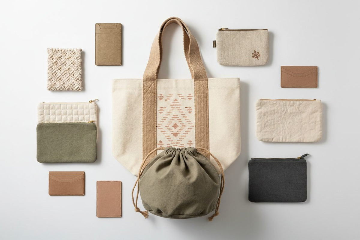 Bags/Pouches collection banner featuring drawstring bags and pouches, for storing crystals, herbs, and small ritual items.