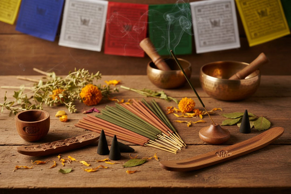 Bhutanese, Nepal & Tibetan Incense collection banner featuring incense sticks and cones with natural botanicals, for aromatherapy, ritual, and everyday home fragrance.