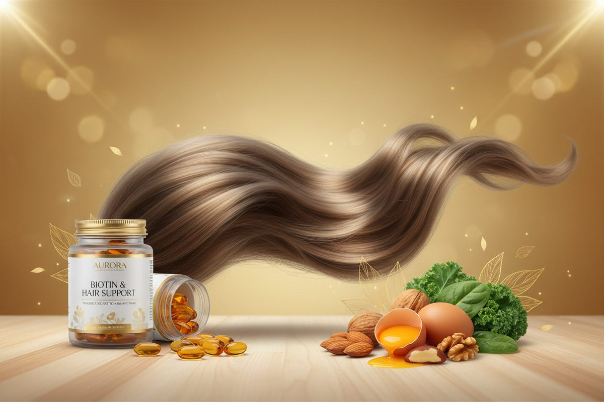 Biotin & Hair Support collection banner featuring supplement bottles arranged with natural ingredients, for daily wellness and nutrition support.