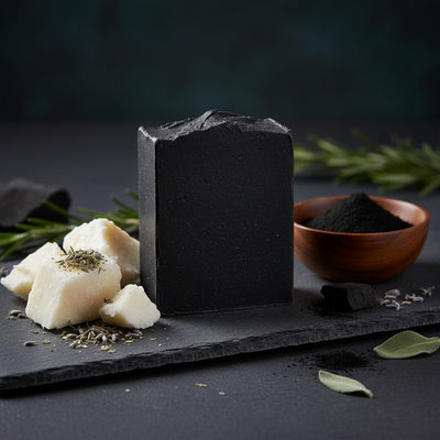 Black Soap collection banner featuring handmade soap bars and bath essentials, for skincare, bathing, and self-care rituals.
