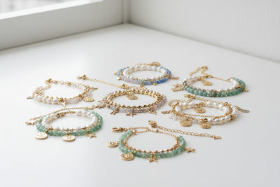 Bracelet collection banner featuring handcrafted jewelry pieces with natural stones and metals, for everyday wear and spiritual adornment.