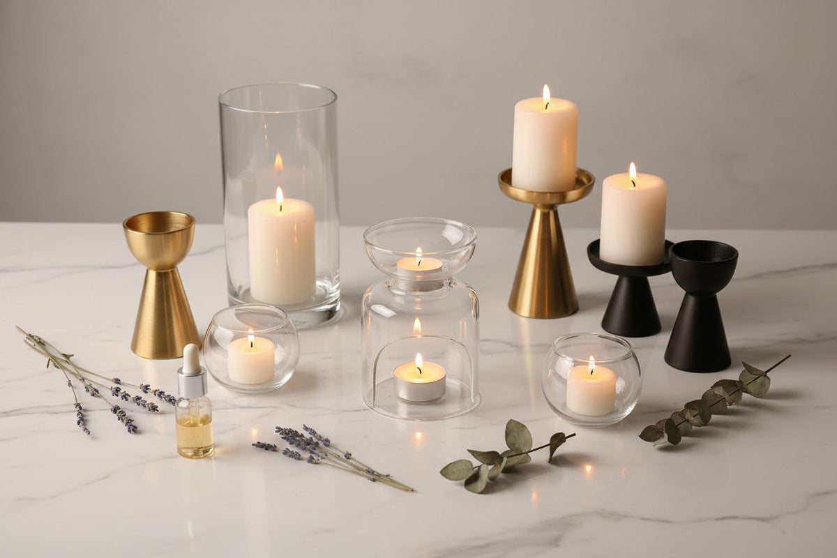 Candle Holders & Burners collection banner featuring lit and unlit candles in a styled setting, for ambiance, ritual, and relaxation at home.