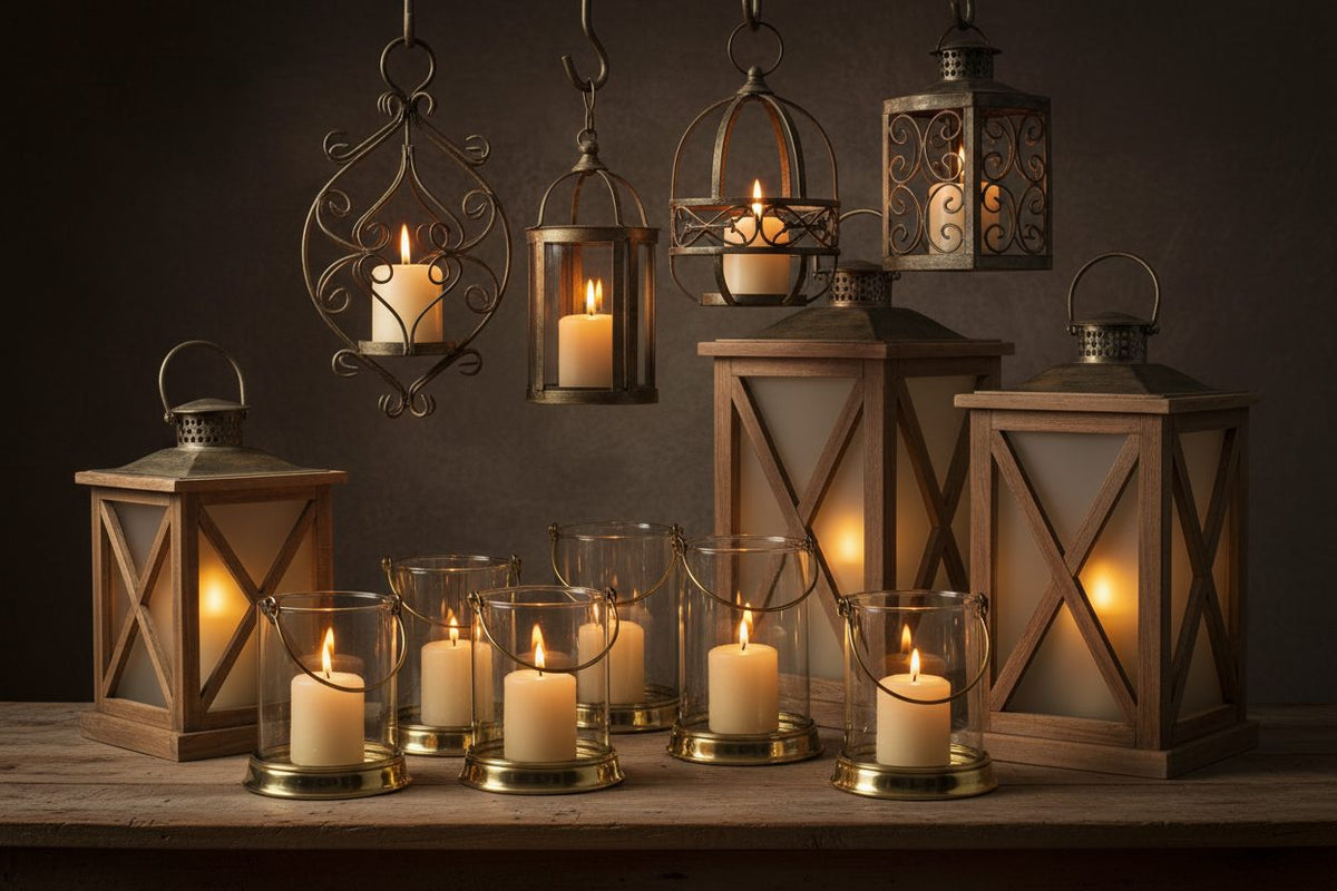 Candle Lanterns collection banner featuring lit and unlit candles in a styled setting, for ambiance, ritual, and relaxation at home.