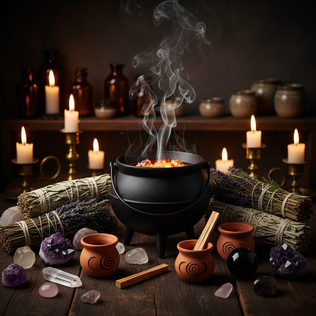 Cauldrons/Smudge Pots collection banner featuring bundled smudge sticks and dried botanicals, for smudging, spiritual cleansing, and altar rituals.