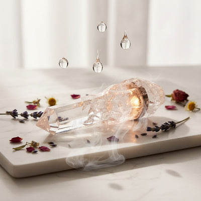 Crystal Wand collection banner featuring an assortment of crystals and tumbled stones, for meditation, crystal healing, and decor.