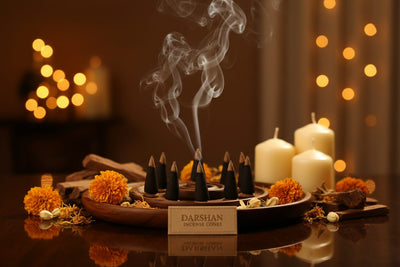 Darshan Incense Cones collection banner featuring incense sticks and cones with natural botanicals, for aromatherapy, ritual, and everyday home fragrance.