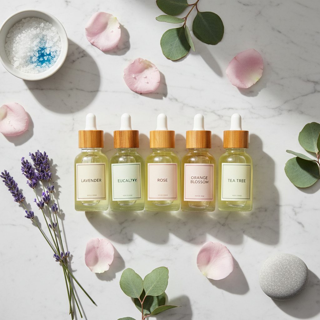 Essential Oil collection banner featuring bottles of essential oil with botanical ingredients, for aromatherapy and natural wellness.