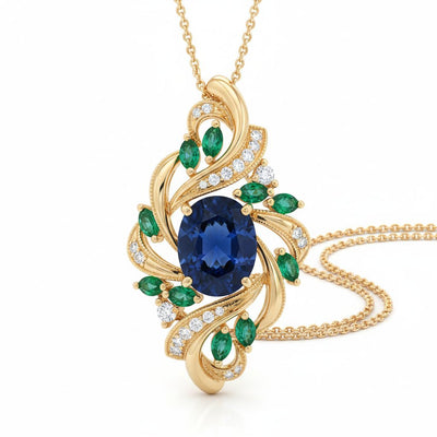 Gold gemstone pendant collection banner featuring an assortment of crystals and tumbled stones, for meditation, crystal healing, and decor.
