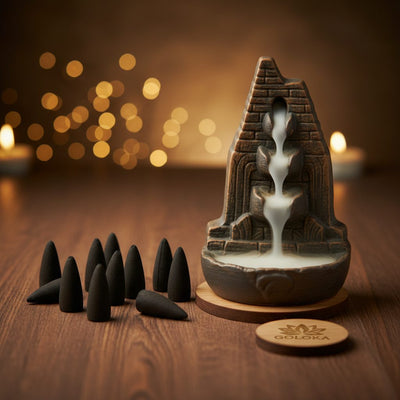Goloka Backflow Incense Cones collection banner featuring incense sticks and cones with natural botanicals, for aromatherapy, ritual, and everyday home fragrance.