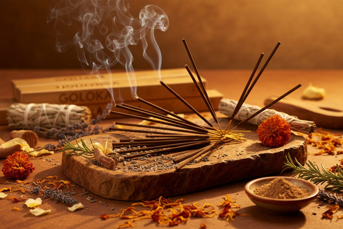 Goloka Incense Sticks collection banner featuring incense sticks and cones with natural botanicals, for aromatherapy, ritual, and everyday home fragrance.