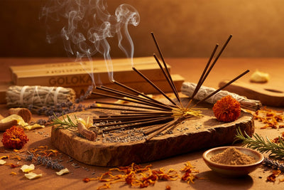 Goloka Incense Sticks collection banner featuring incense sticks and cones with natural botanicals, for aromatherapy, ritual, and everyday home fragrance.