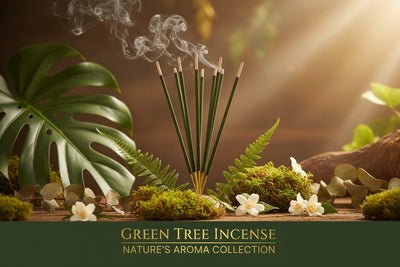 Green Tree Incense collection banner featuring incense sticks and cones with natural botanicals, for aromatherapy, ritual, and everyday home fragrance.