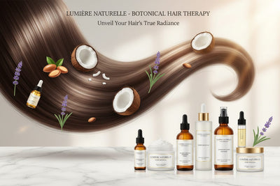 Hair Care collection banner featuring hair care bottles and natural ingredients, for daily hair care and treatment.
