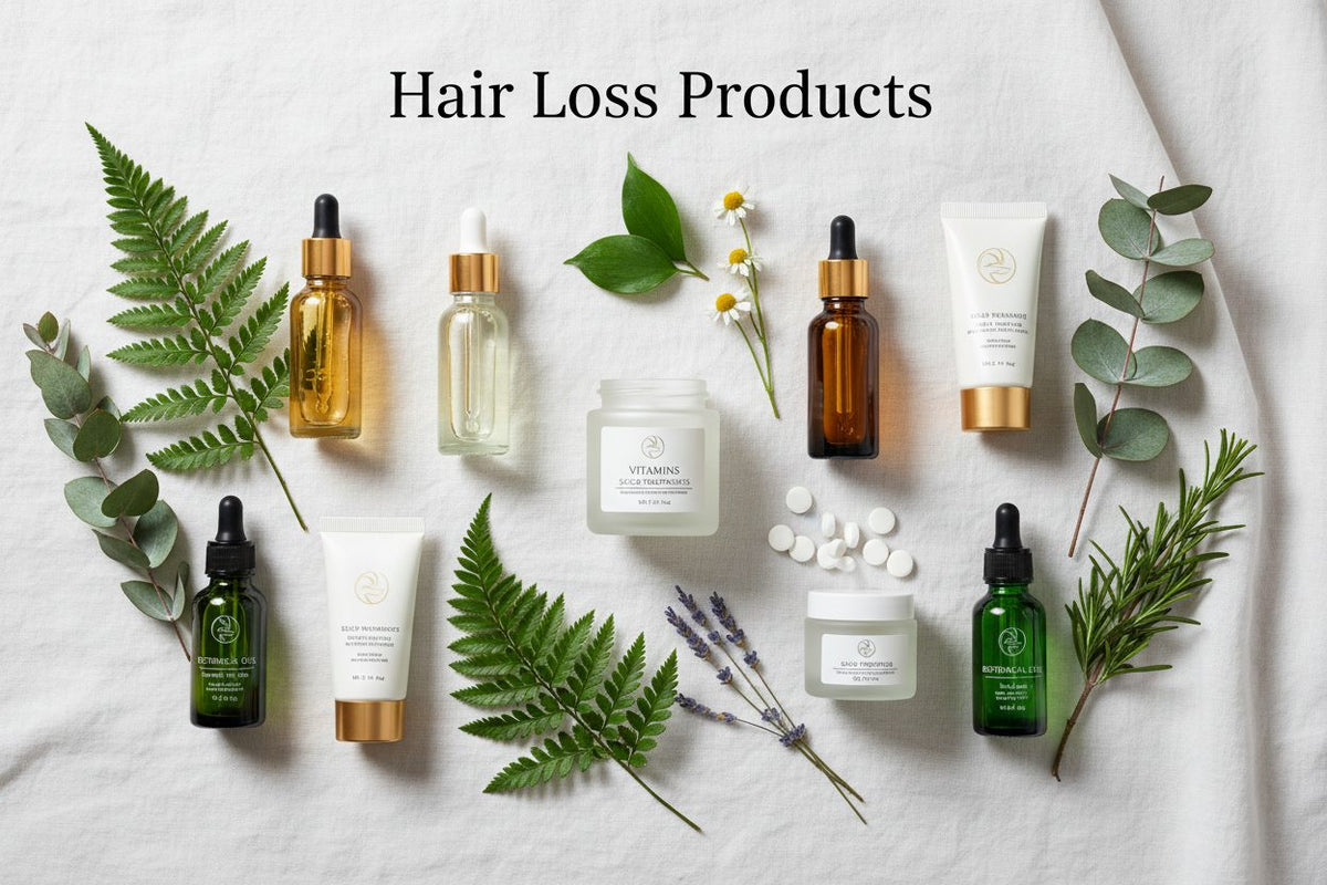 Hair Loss Products collection banner featuring hair care bottles and natural ingredients, for daily hair care and treatment.