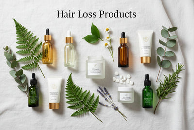 Hair Loss Products collection banner featuring hair care bottles and natural ingredients, for daily hair care and treatment.