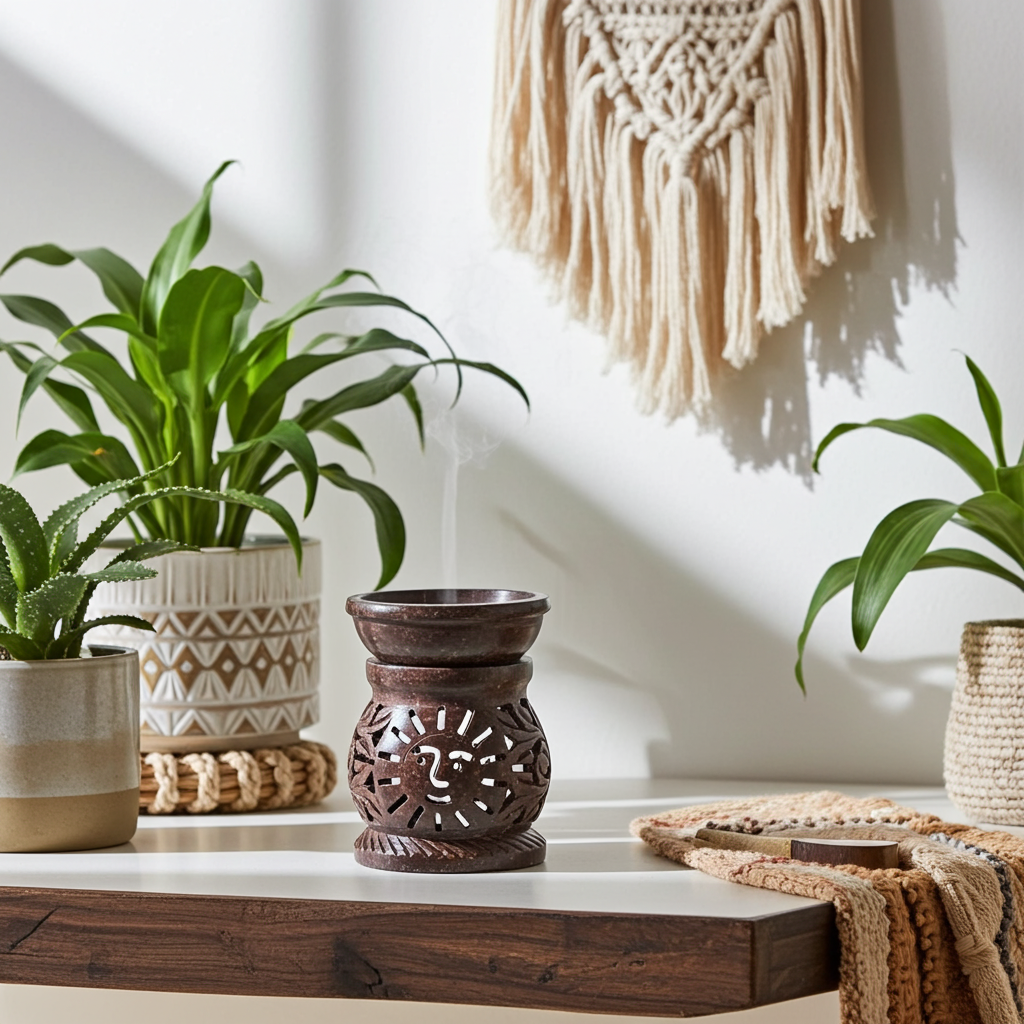 Sun Soapstone oil burner lamp for diffusing aroma oils and adding decorative warmth to living spaces.