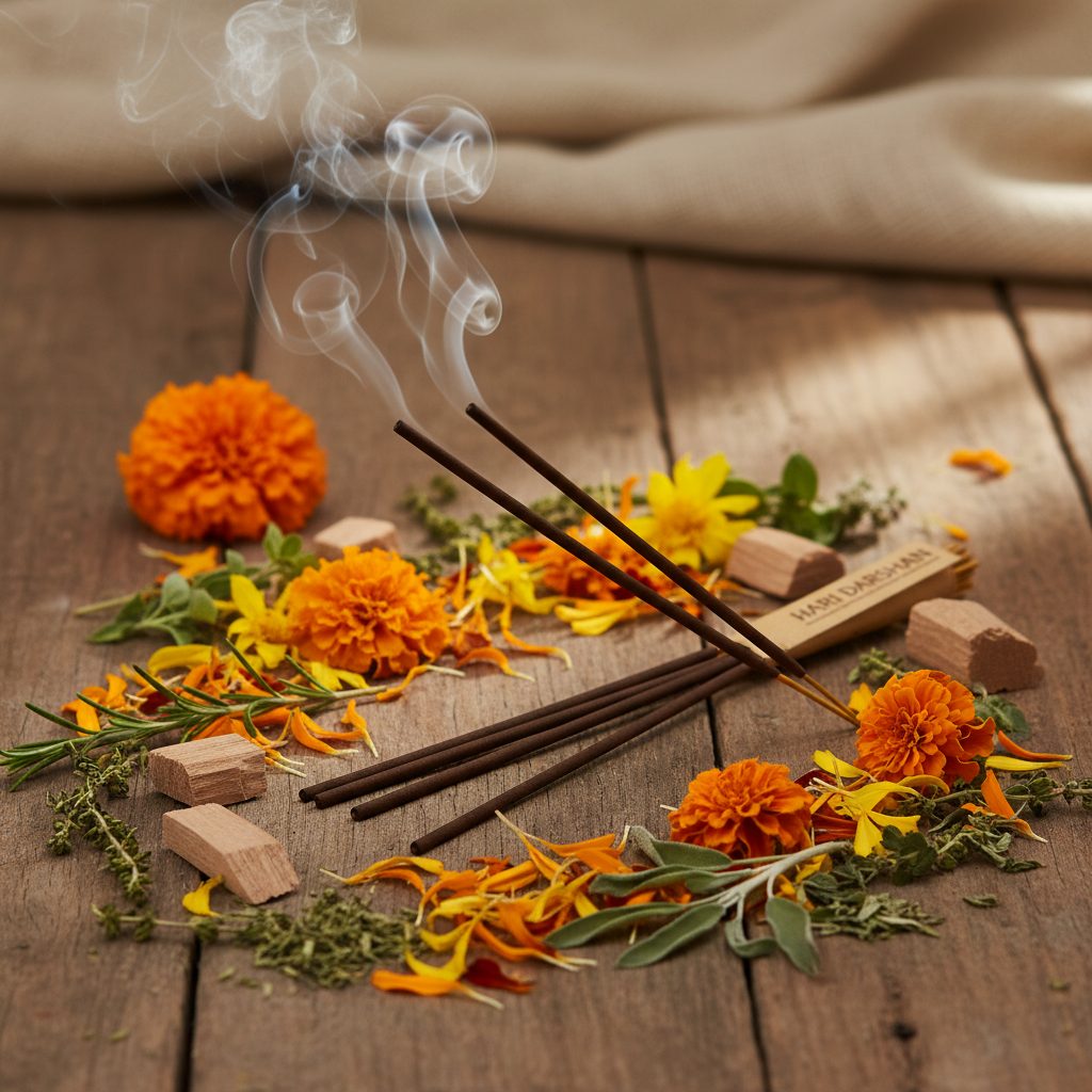 Hari Darshan Incense collection banner featuring incense sticks and cones with natural botanicals, for aromatherapy, ritual, and everyday home fragrance.