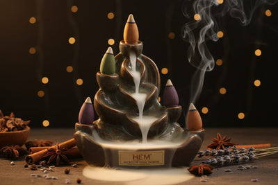 Hem Backflow Cone Incense collection banner featuring incense sticks and cones with natural botanicals, for aromatherapy, ritual, and everyday home fragrance.