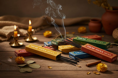 Hem Hexa Incense collection banner featuring incense sticks and cones with natural botanicals, for aromatherapy, ritual, and everyday home fragrance.
