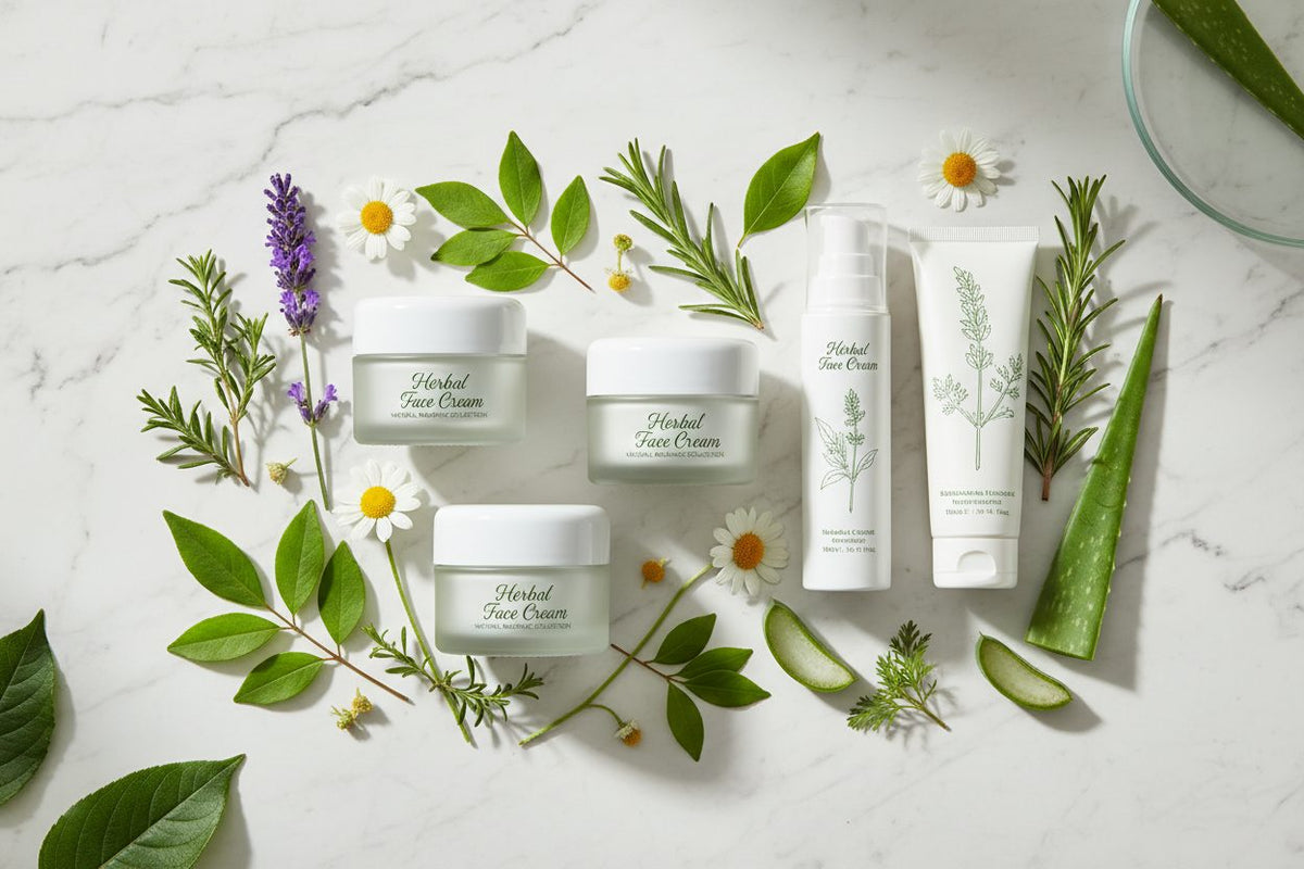 Herbal Face Cream collection banner featuring an arrangement of dried herbs, botanicals, and natural ingredients, for ritual, wellness, and everyday herbal use.