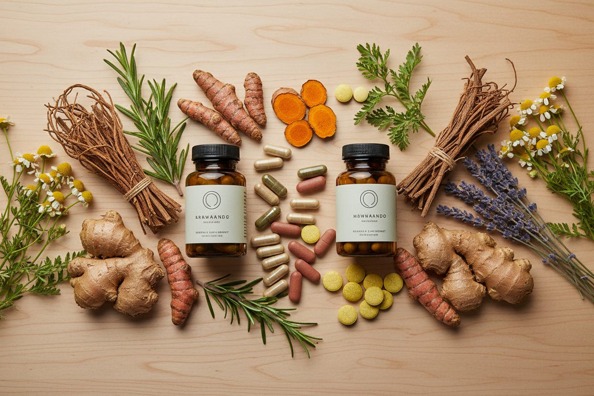 Herbal Supplements collection banner featuring an arrangement of dried herbs, botanicals, and natural ingredients, for ritual, wellness, and everyday herbal use.