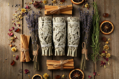 Herbs and Smudges collection banner featuring bundled smudge sticks and dried botanicals, for smudging, spiritual cleansing, and altar rituals.