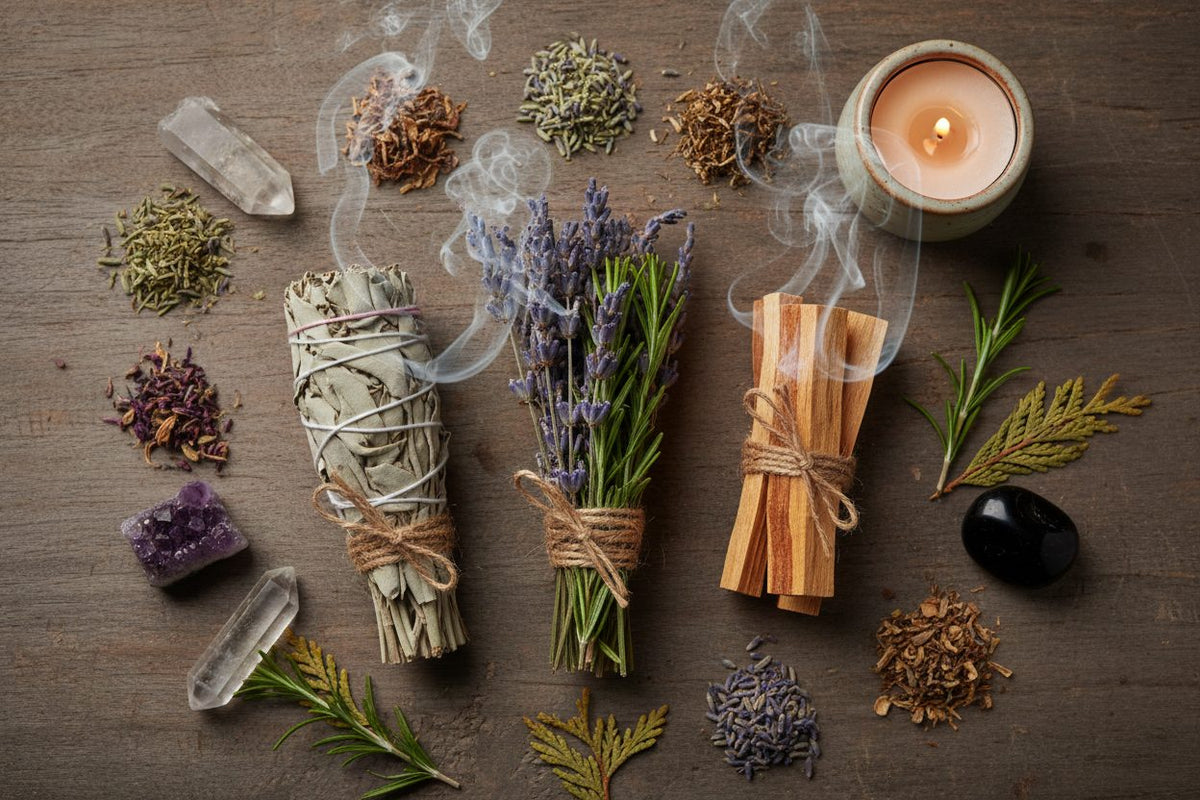 Herbs & Smudges collection banner featuring bundled smudge sticks and dried botanicals, for smudging, spiritual cleansing, and altar rituals.