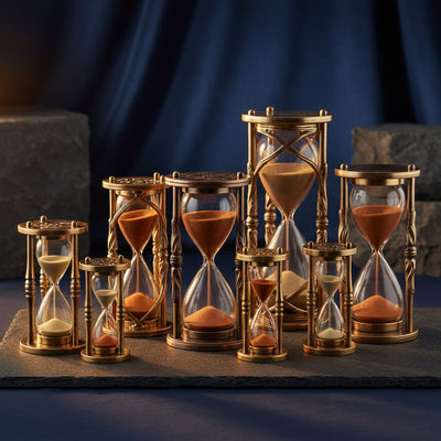 Hourglasses collection banner featuring a decorative hourglass with sand, for timekeeping and decorative display.