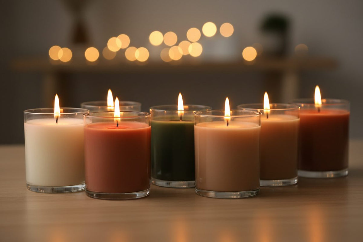 Household Candles 6" collection banner featuring lit and unlit candles in a styled setting, for ambiance, ritual, and relaxation at home.